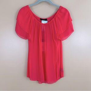 Sanctuary Coral Sheer Off Shoulder Layered Short Sleeve Blouse Picot Tricot XS